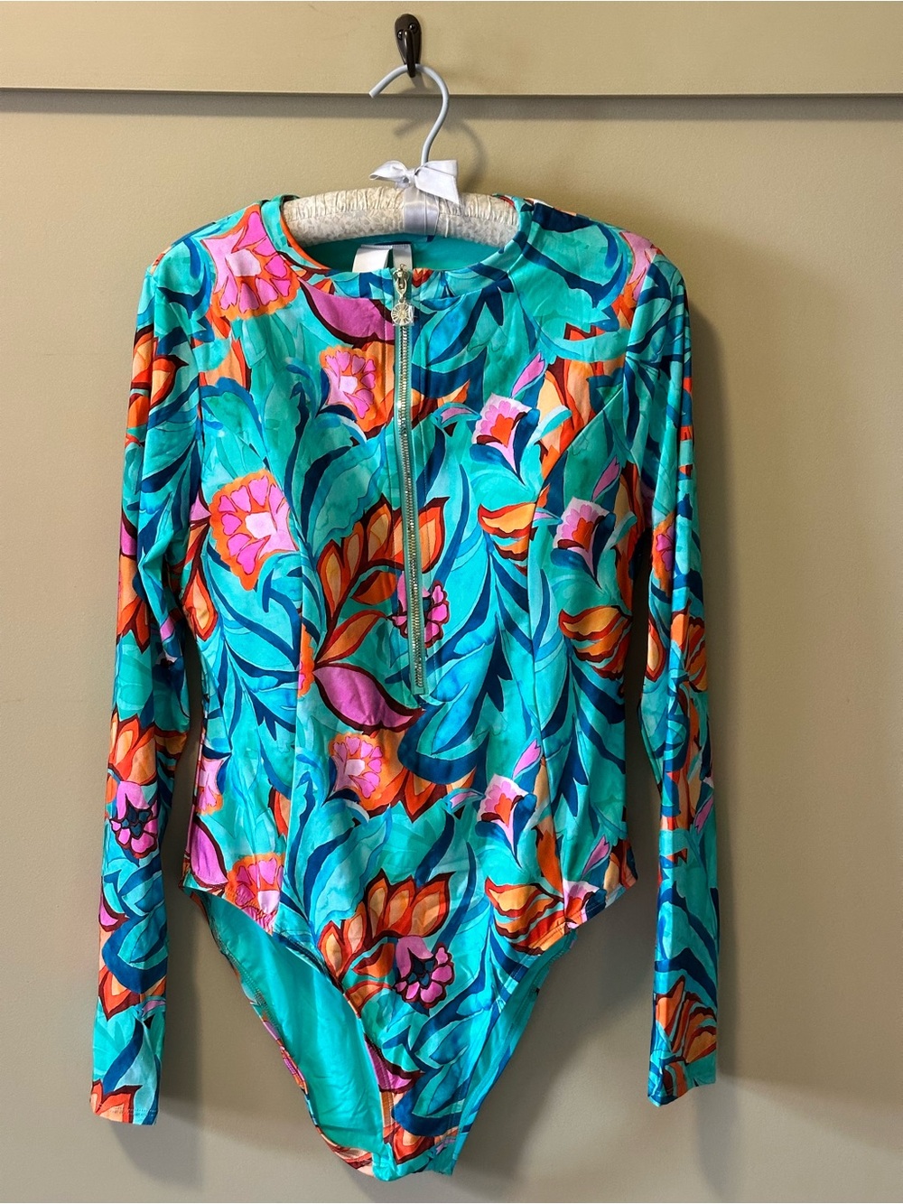 Long-Sleeve Floral Zip Front One-Piece Swimsuit - Turquoise Multi - Picture 3 of 4
